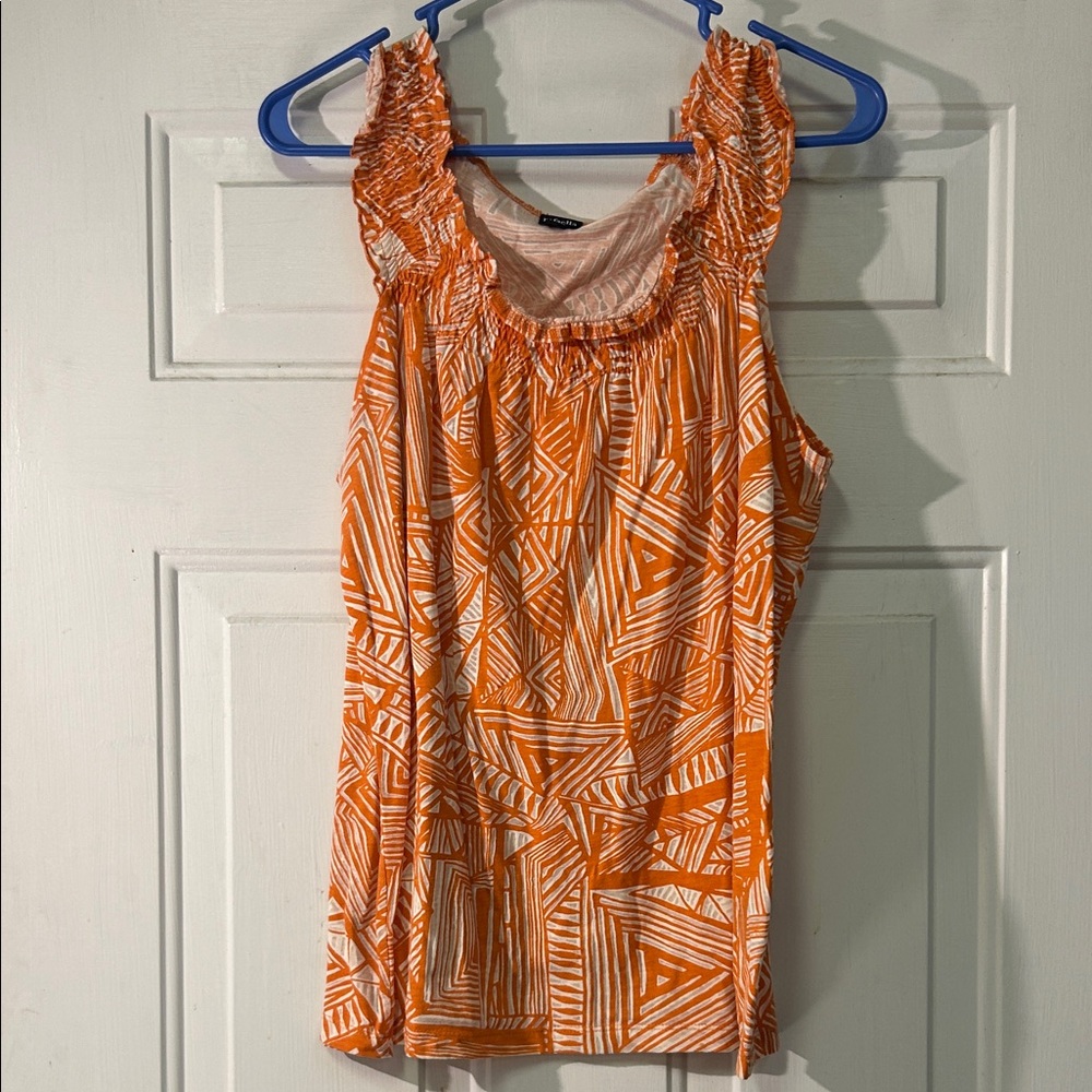 (🎣5 For $20)Rafaella Orange and White Geometric Top